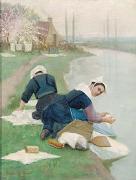 Lionel Walden, Women Washing Laundry on a River Bank, oil painting by Lionel Walden